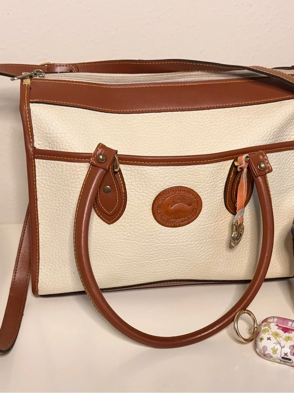 Vintage Dooney & Bourke Cream and Tan Pebble Leather Satchel and Crossbody Bag